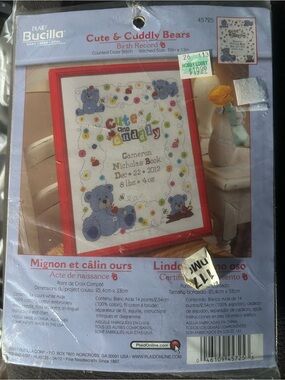 Bucilla Cute & Cuddly Bears Cross Stitch Kit - Blue, Red, Yellow Accents